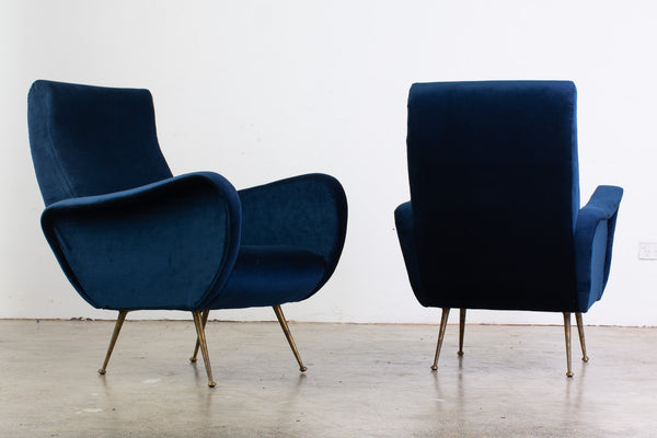 Pair of Mid Century Velvet Armchairs with Brass Glides