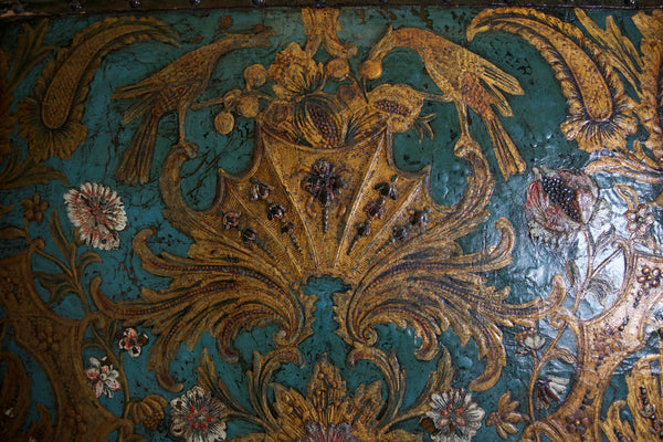 A 19th Century Embossed and Polychrome painted Leather Screen