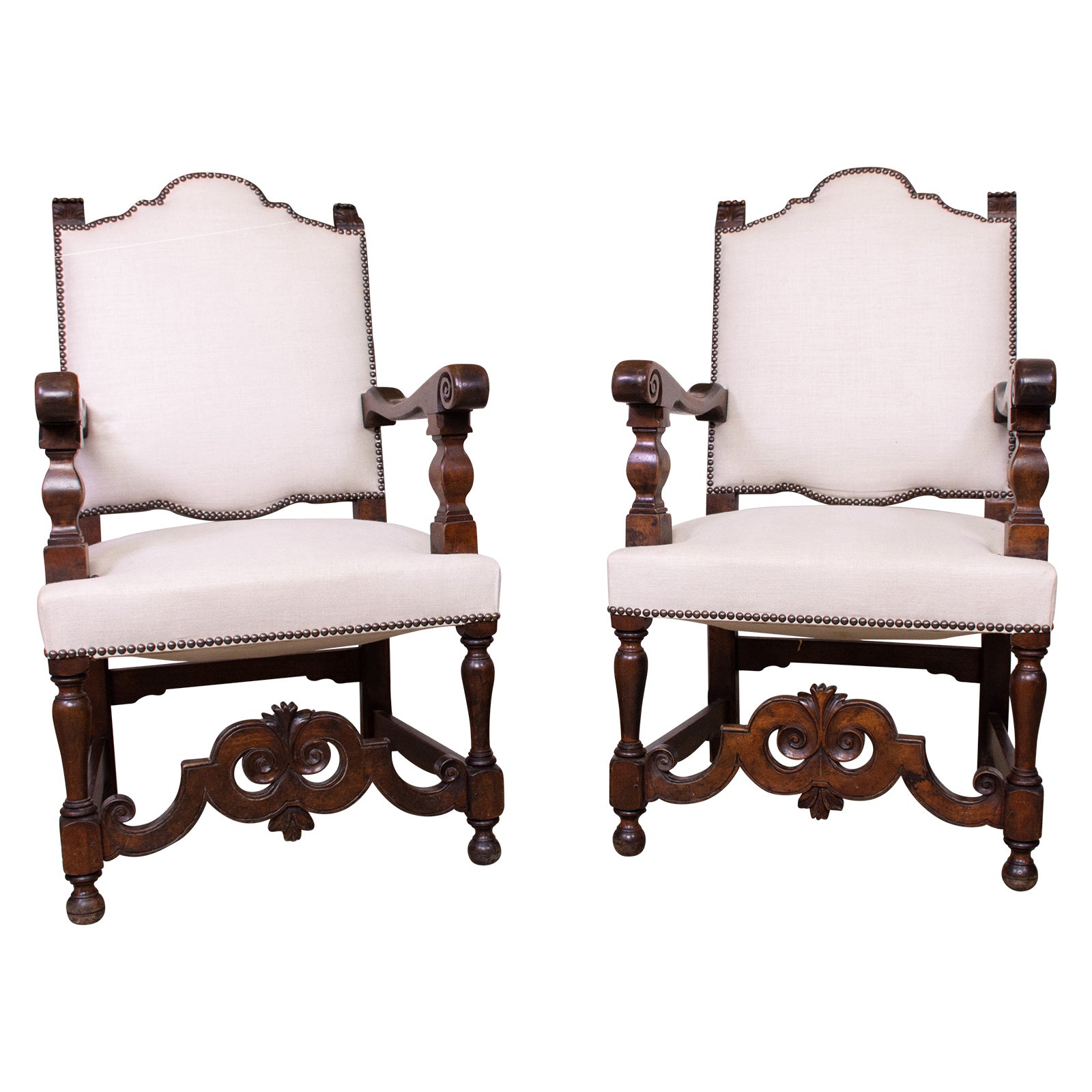 Pair 19th Century Baroque French Walnut Armchairs