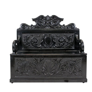 English Renaissance Revival carved oak and Ebonised Hall Bench,