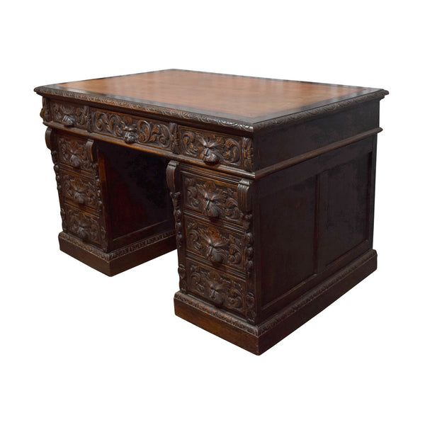 Antique Victorian Carved Oak Pedestal Desk