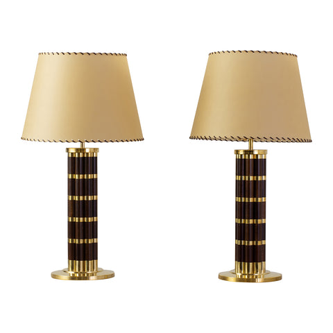 Pair of Maison Jansen Style Oak And Brass Table Lamps