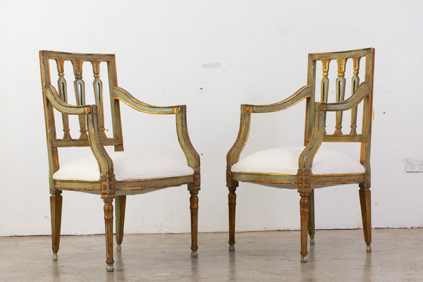 Pair of 19th Century Italian Green and Gilt Armchairs made in the Neo-Classic Taste