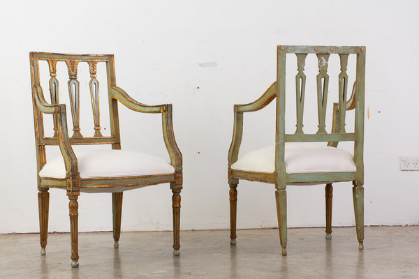 Pair of 19th Century Italian Green and Gilt Armchairs made in the Neo-Classic Taste