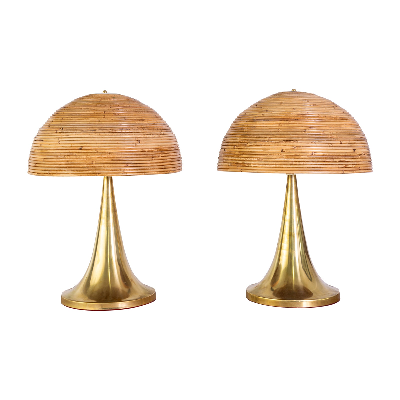 Pair Brass Lamps in the manner of Gabrielle Crispi with Coiled Rattan Shade