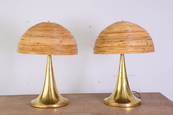 Pair Brass Lamps in the manner of Gabrielle Crispi with Coiled Rattan Shade