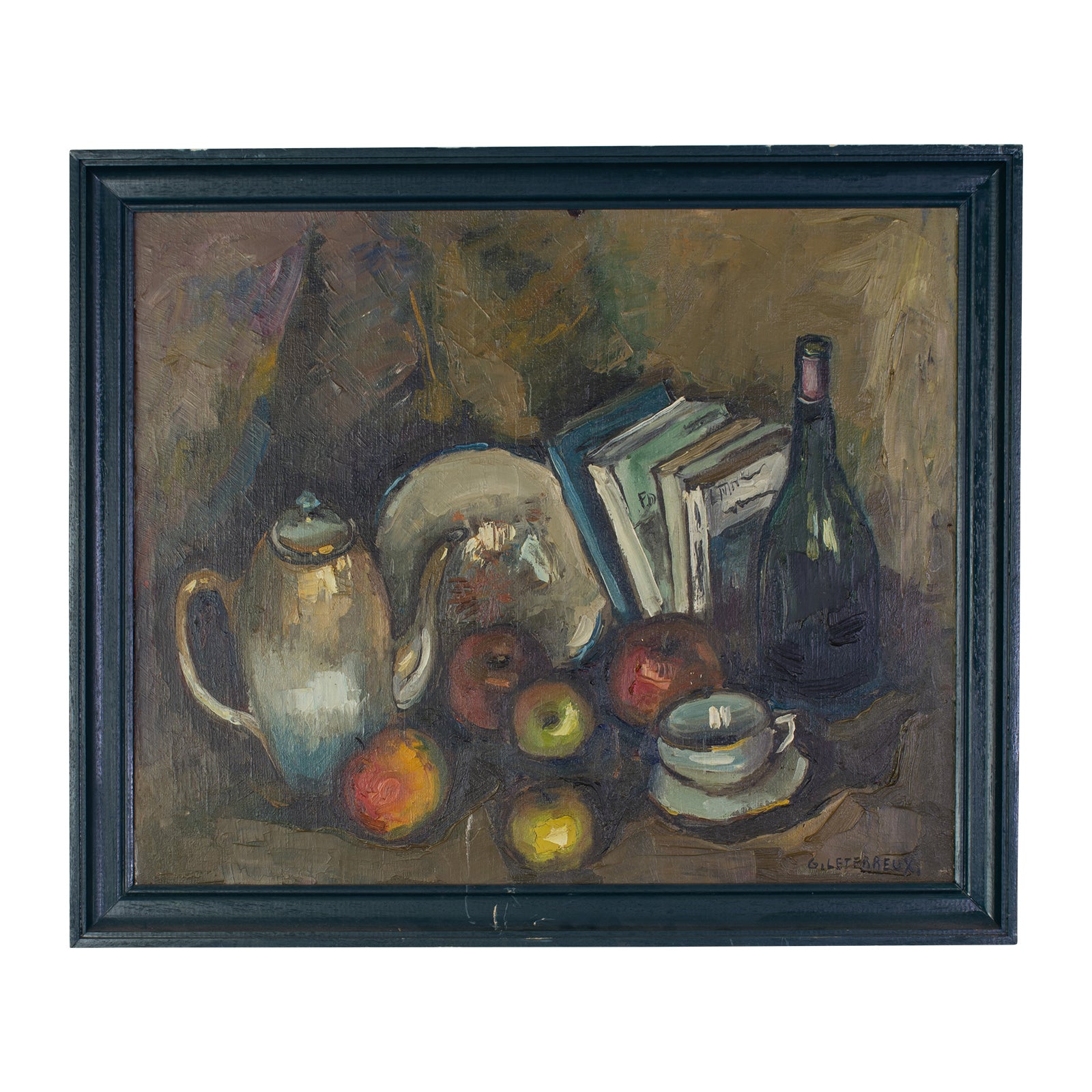 Still life with a cup,coffee pot and apple 