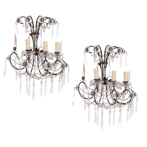 Pair of Antique Bronze and Crystal Wall Sconces