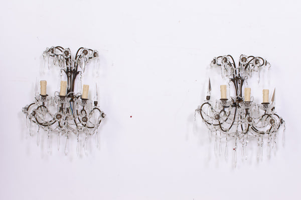 Pair of Antique Bronze and Crystal Wall Sconces