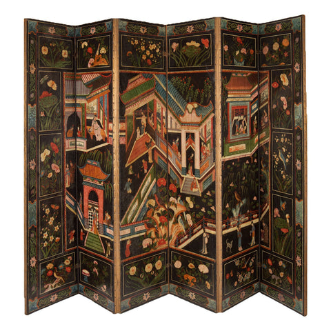A Fine Six Panel Chinoiserie Polychrome painted and embossed leather Screen