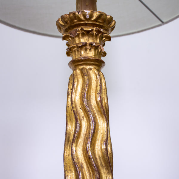 Pair of Green and Parcel Gilt Column Lamps