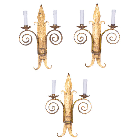 Set of 3 1940s "Fleur-De-Lys" Gilt Wrought Iron Scroll Sconces