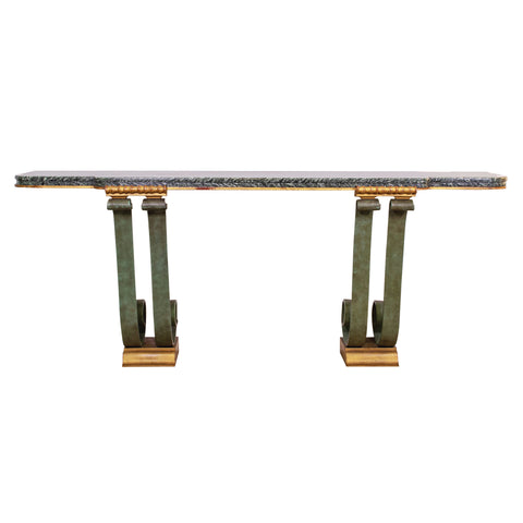1940s Wrought Iron and Verde Marble Console