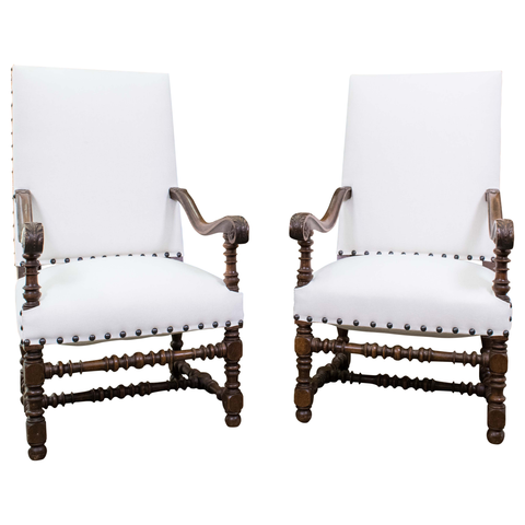 Antique Pair of Louis XIII Style Walnut Armchairs