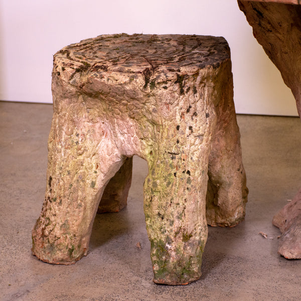 Terracotta Faux Bois Table and Three Stump Stools
