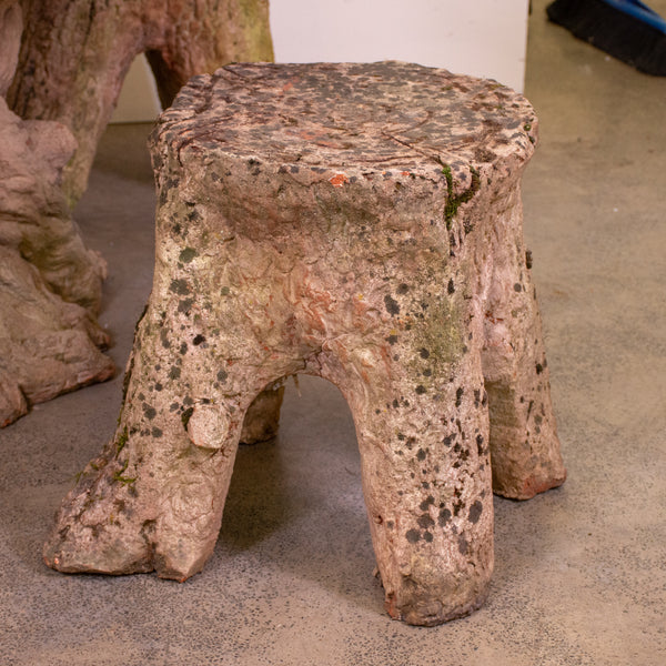Terracotta Faux Bois Table and Three Stump Stools
