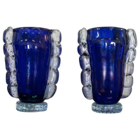 Pair of Blue Glass Murano Vases by Costantini Murano