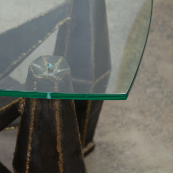 Metal brutalist coffee table with glass top