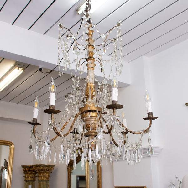 Italian Genovese carved giltwood, crystal and tole chandelier