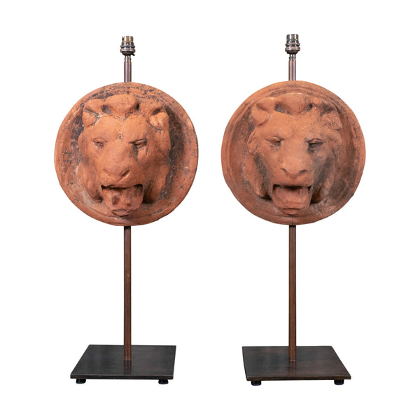 Pair of Antique Terracotta Lion Heads Spouts mounted as Lamps