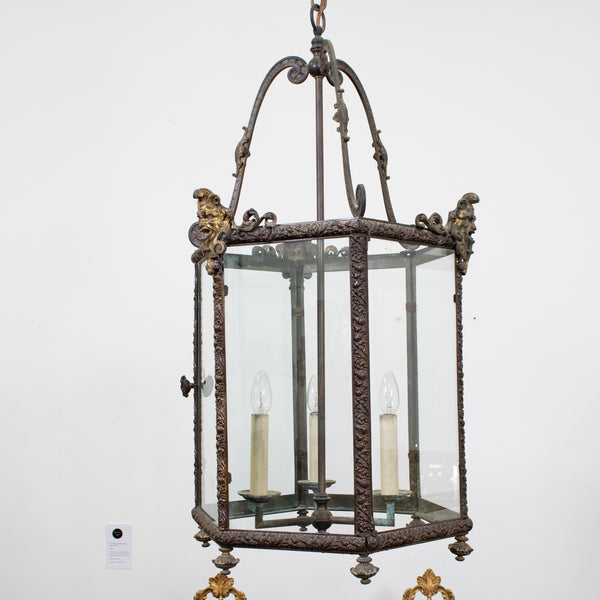 19th Century Louis XIV Style Repousse Brass and Ormolu Hexagonal Lantern