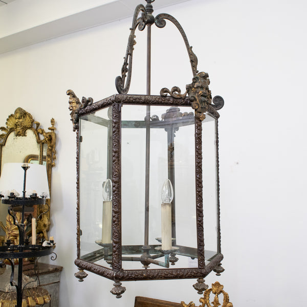 19th Century Louis XIV Style Repousse Brass and Ormolu Hexagonal Lantern