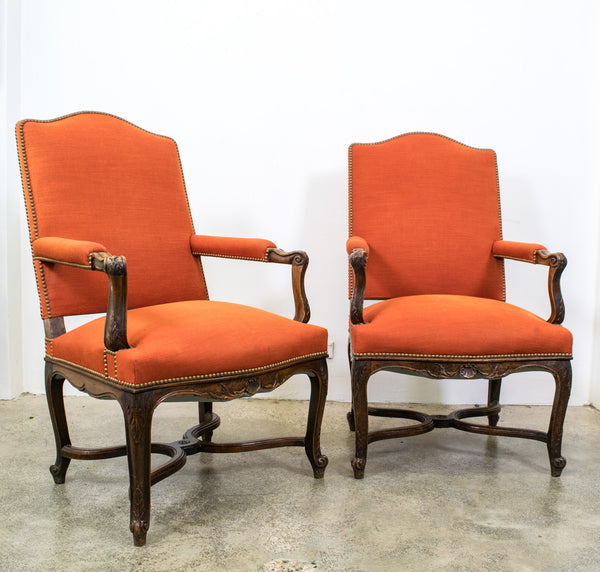 A Pair of French Walnut Regence Style Armchair