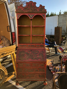 Red Chinoserie Lacquer Bureau Bookcase