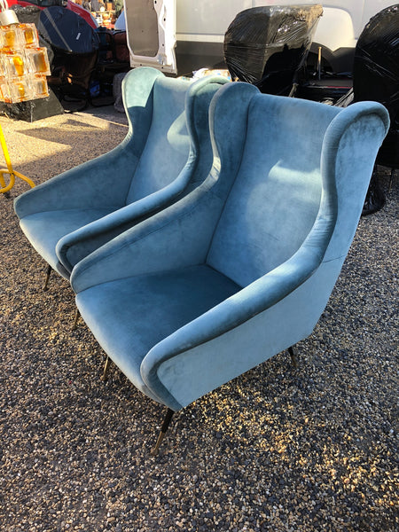 Pair of Italian Armchairs with Brass and black Glides with pale blue velvet