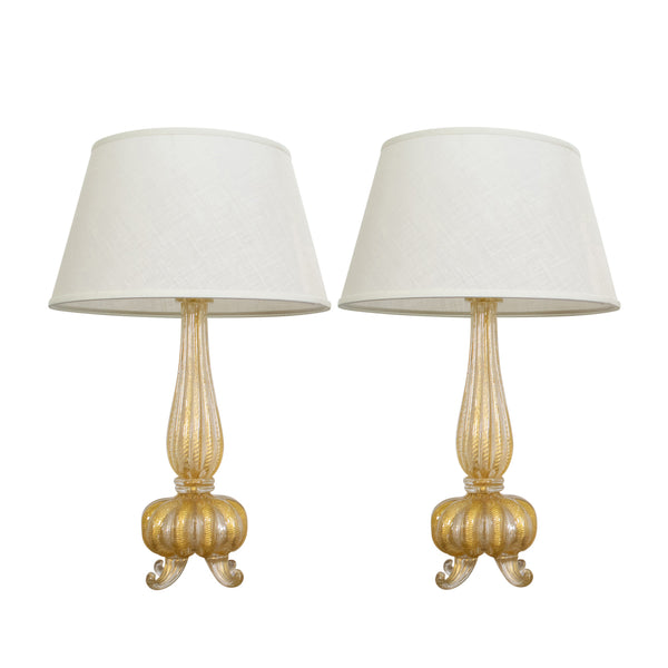 Pair of Barovier and Toso Murano Glass 'Cordonato d'oro' Baluster Lamps