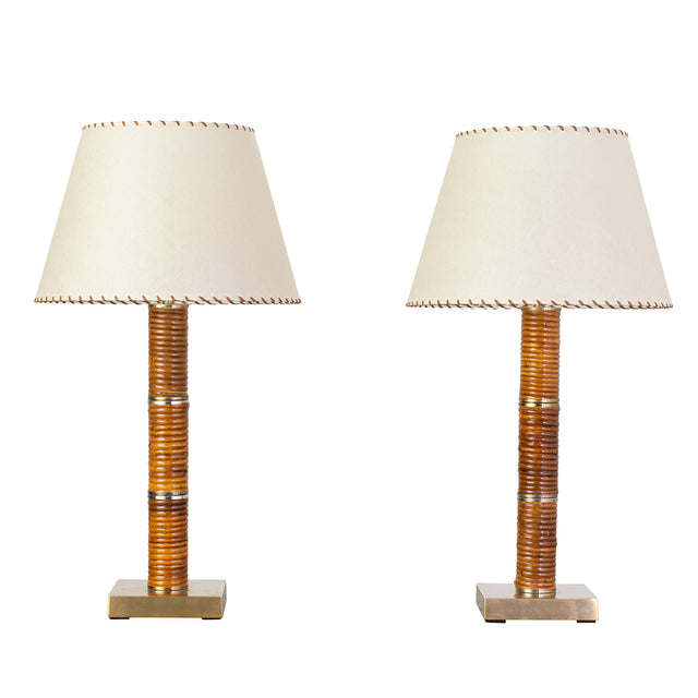 1970s Rattan and Brass Table Lamps