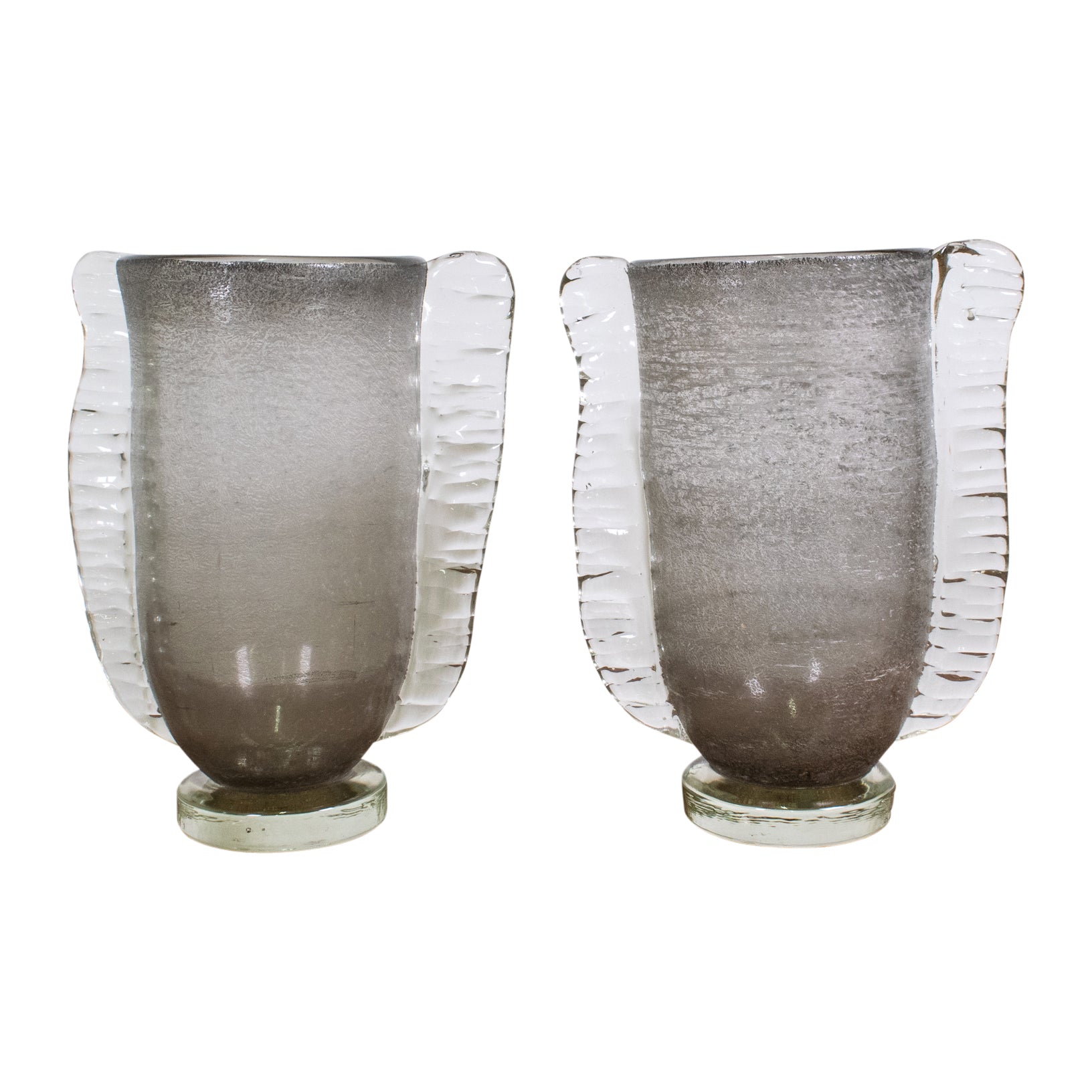 A Pair of  "Graffiato" Murano Vase with applied Clear Handles