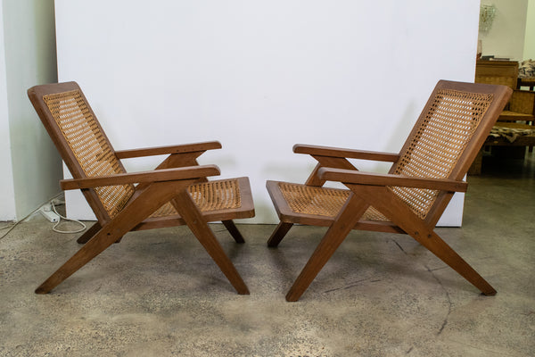 Pair of Teak and Cane Chairs in the manner of Pierre Jeanneret