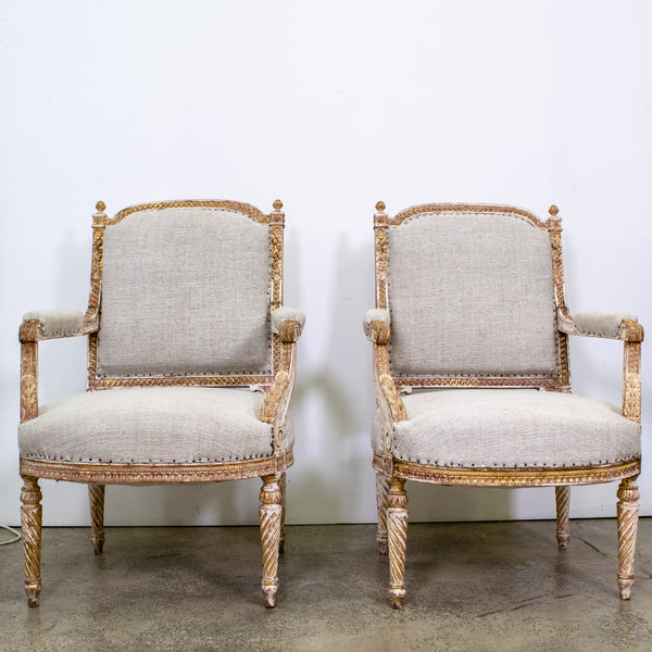 Pair of Louis XVI Style Gilt and white Armchair