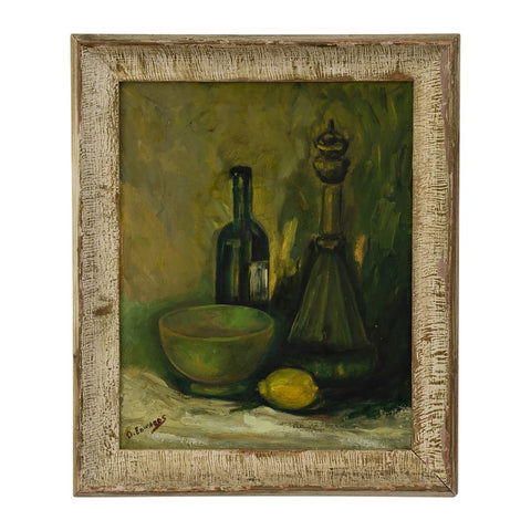 Still life with lemon,oil on canvas, signed lower left. Stamp on the frame "Leslie's art