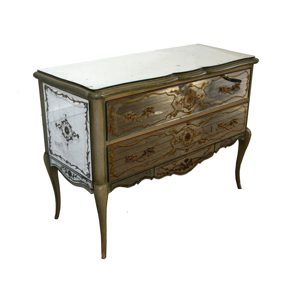 Vintage Louis XV style Commode veneered with verre eglomise panels