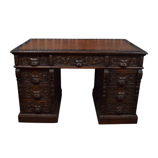 Antique Victorian Carved Oak Pedestal Desk