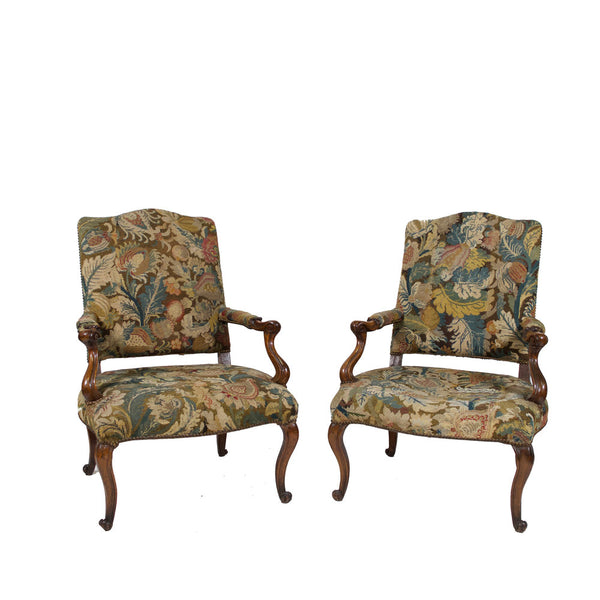 Pair of Louis XV Walnut Fauteuils with Period Gobeline Tapestry