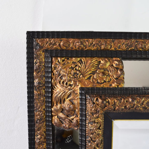 Antique Dutch Repousse and Ebony Cushion Mirror  Close up