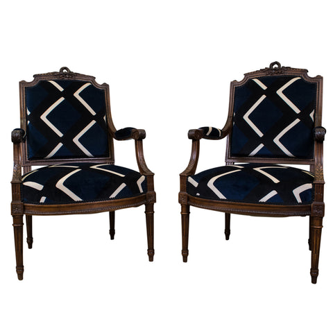 A Pair of Louis XVI Style Walnut Armchairs