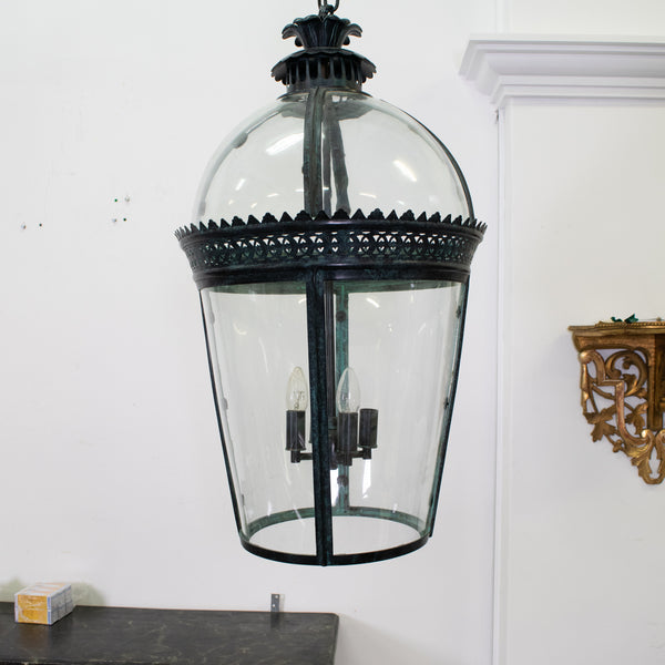 Large French Circular Tapered Lantern in Aged Brass with Three lights