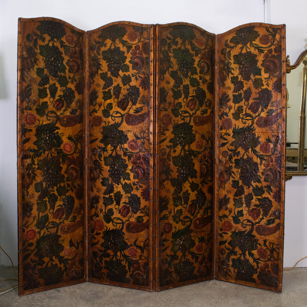 A Four fold 19th Century Embossed and Painted Spanish Leather Screen