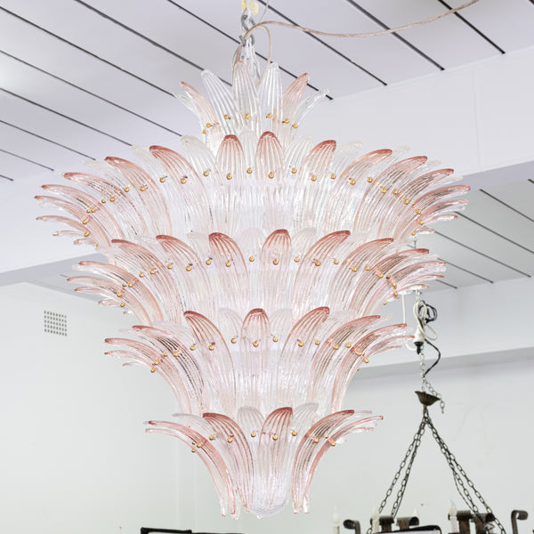 Large Palmette Murano Chandelier in the style of Barovier & Toso with Pink Fronds