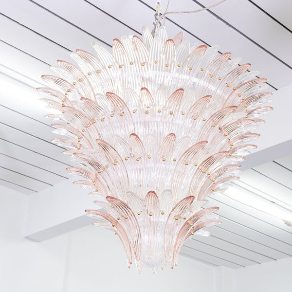 Large Palmette Murano Chandelier in the style of Barovier & Toso with Pink Fronds