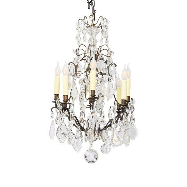 A French Louis XVI style bronze and cut crystal chandelier