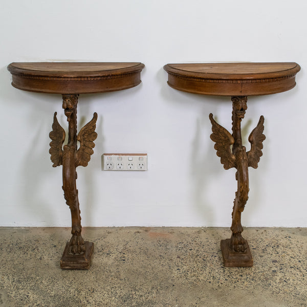 Pair Antique French Walnut Griffin Consoles