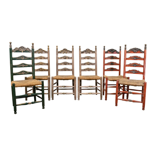Antique set of 6 Spanish Polychrome Painted and Rush Caned Chairs