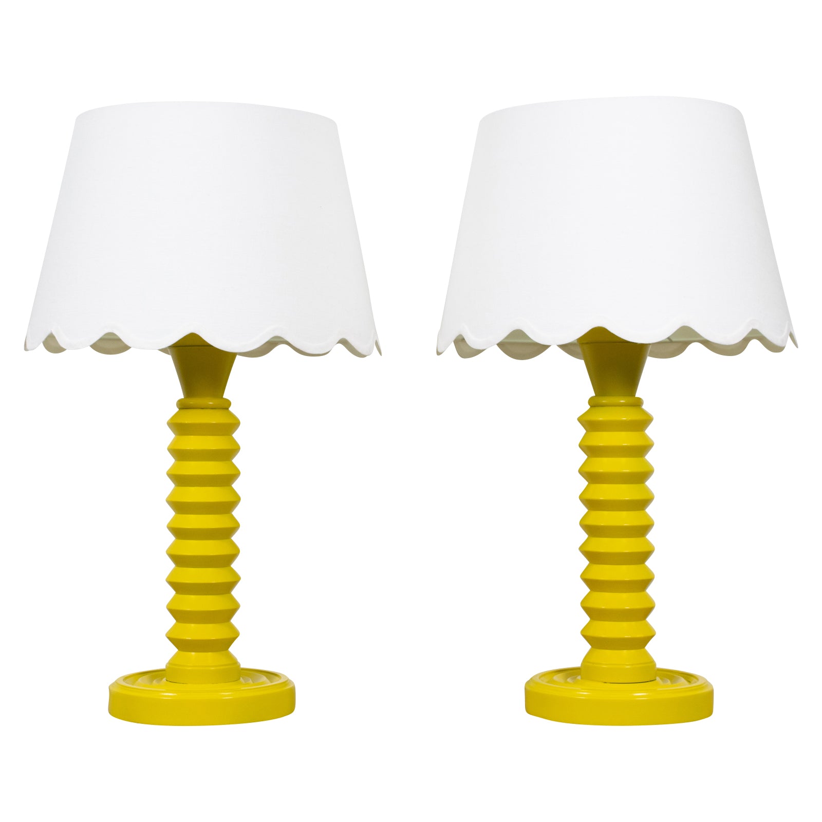 Pair of Yellow 1930s Turned Wooden Lamps