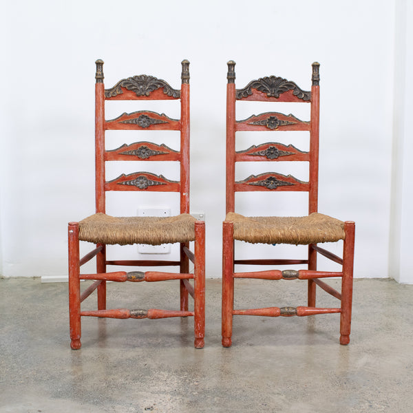 Red Spanish Polychrome Painted and Rush Caned Chairs