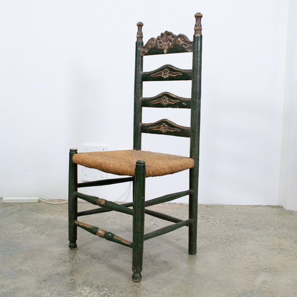 Green Spanish Polychrome Painted and Rush Caned Chairs